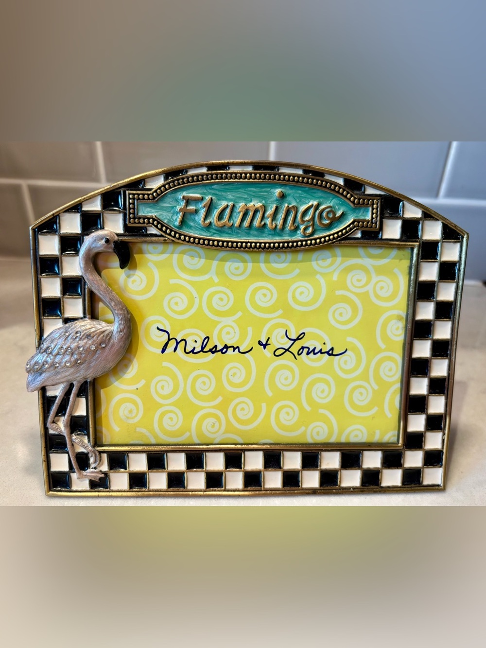 Y2K 2000s Flamingo enamel checkered frame by Milson and Louis